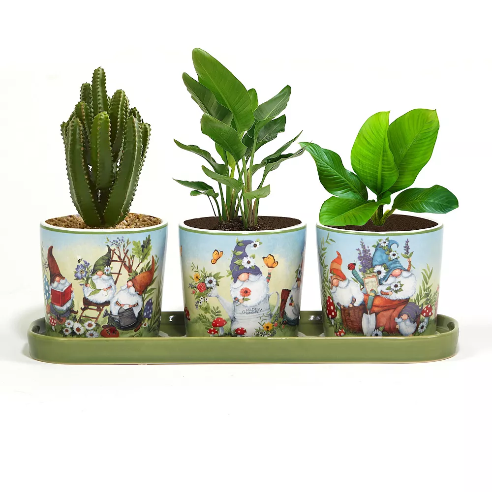 Certified International Garden Gnomes 3-pc. Planter Set With Tray 1 Certified International Garden Gnomes 3-pc. Planter Set With Tray